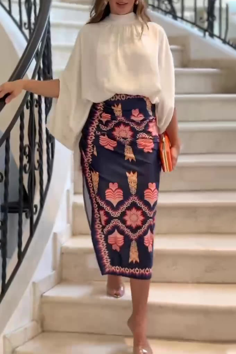 Celebrities Flowers Print Slit Half a Turtleneck Long Sleeve Two Pieces