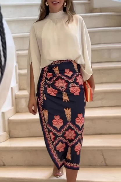 Celebrities Flowers Print Slit Half a Turtleneck Long Sleeve Two Pieces