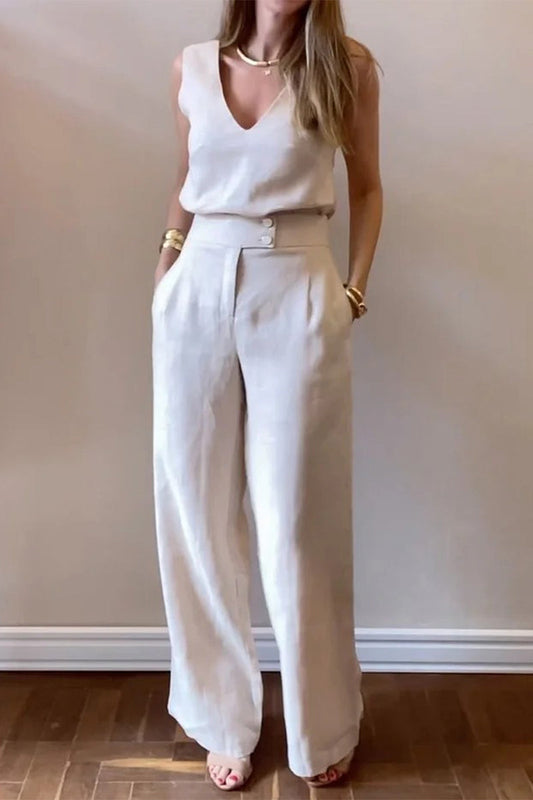 Color Pocket V Neck Sleeveless Two Pieces