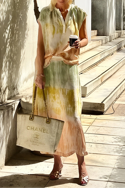 Street Tie Dye Print Contrast V Neck Sleeveless Two Pieces