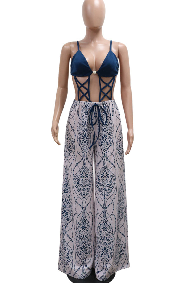 Print Hollow Out Patchwork Backless Spaghetti Strap Loose Jumpsuits