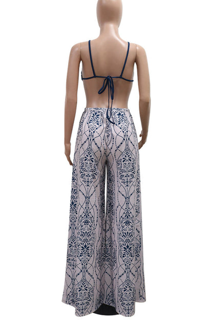 Print Hollow Out Patchwork Backless Spaghetti Strap Loose Jumpsuits