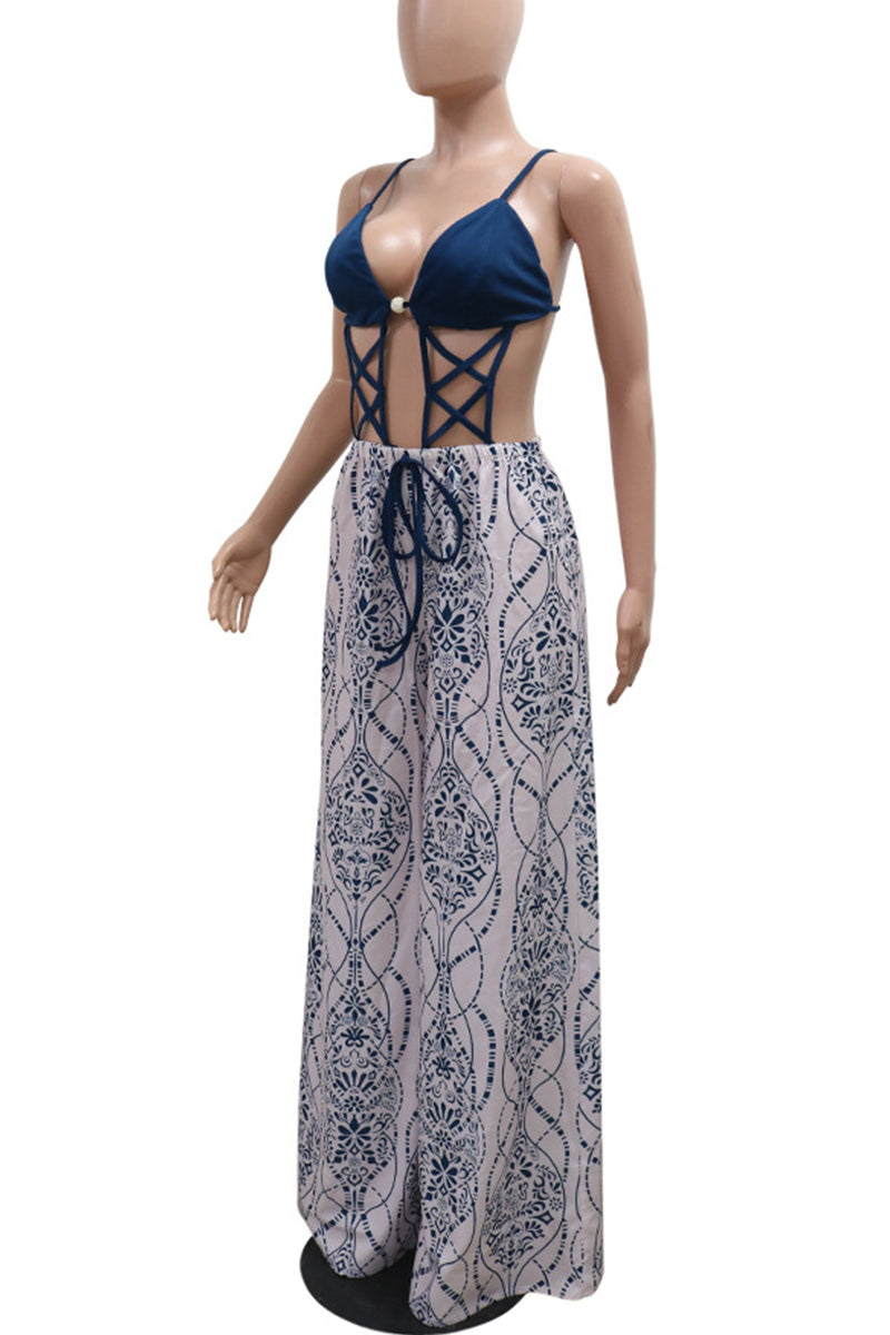 Print Hollow Out Patchwork Backless Spaghetti Strap Loose Jumpsuits