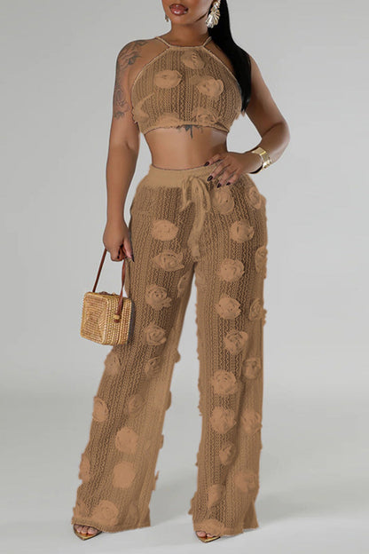 Flowers Patchwork See-through Backless Cross Straps Strap Design Halter Sleeveless Two Pieces