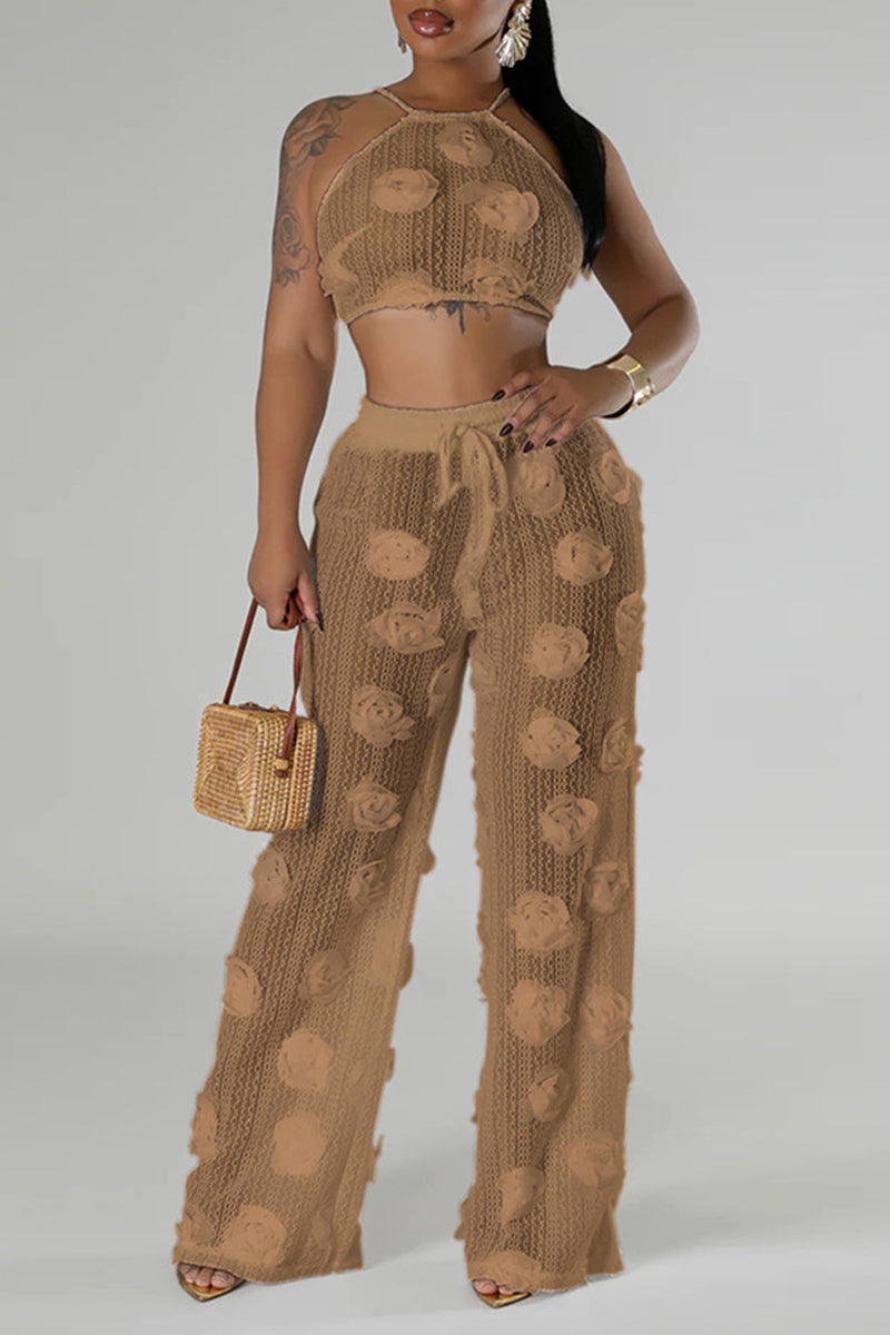 Flowers Patchwork See-through Backless Cross Straps Strap Design Halter Sleeveless Two Pieces