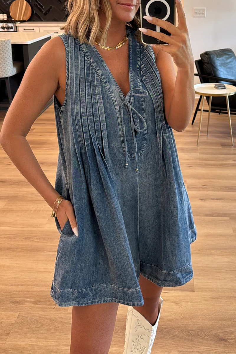 Street Pocket Lace Up V Neck Sleeveless Loose Denim Jumpsuits(9 Colors)