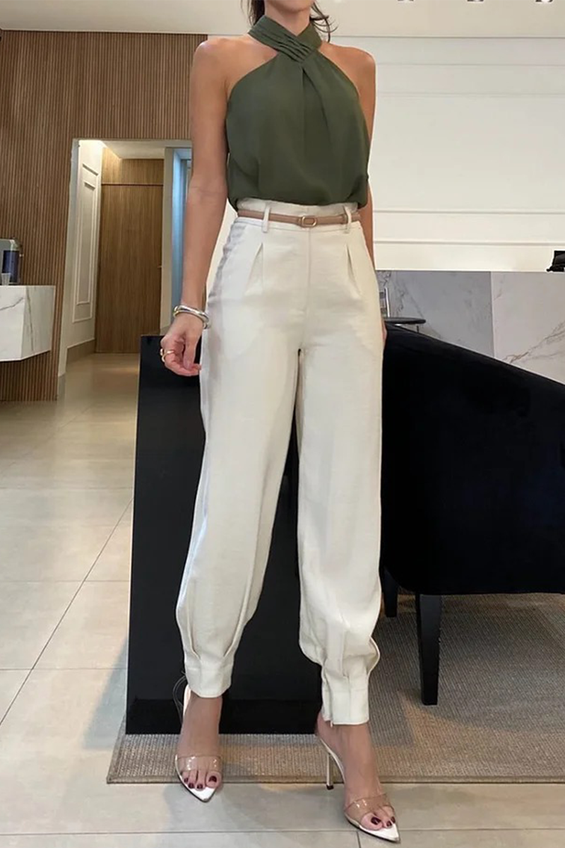 Color Hollow Out Without Belt Halter Sleeveless Two Pieces