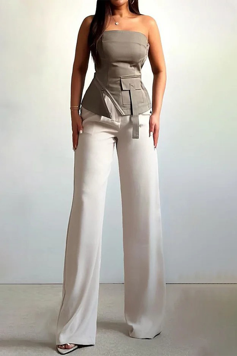 Street Color Pocket Patchwork Strapless Sleeveless Two Pieces