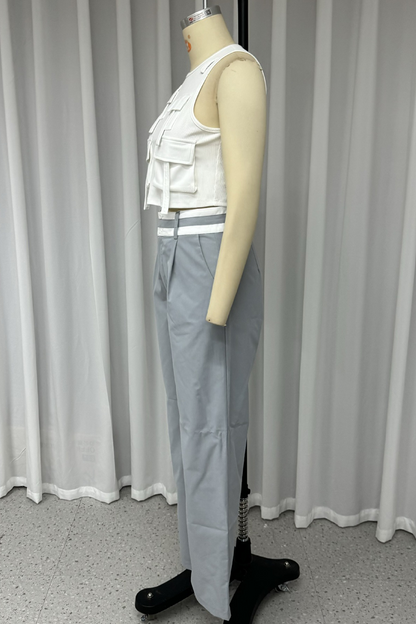 Street Color Pocket Patchwork O Neck Sleeveless Two Pieces