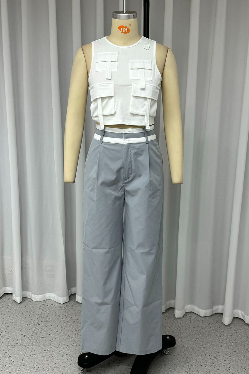 Street Color Pocket Patchwork O Neck Sleeveless Two Pieces