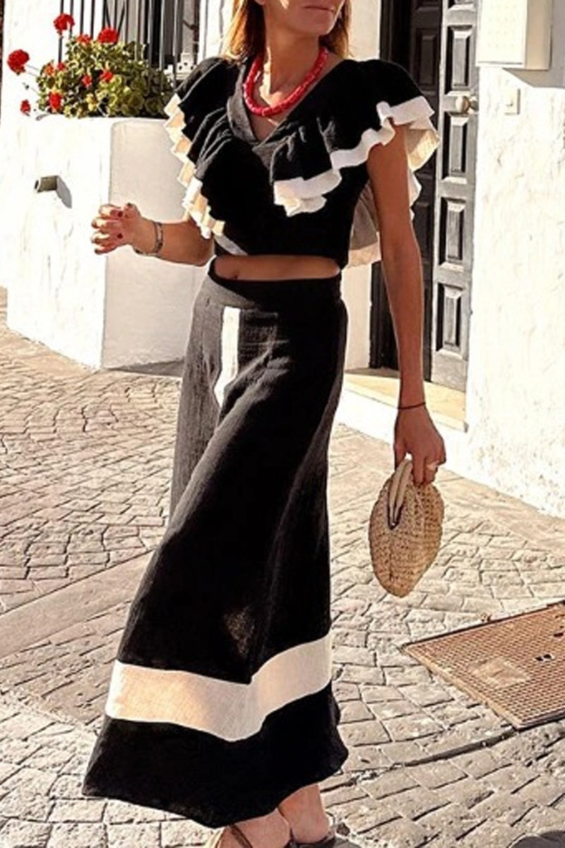 Patchwork Flounce Fold V Neck Sleeveless Two Pieces