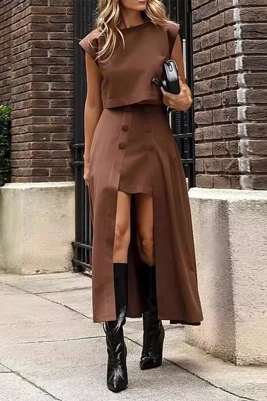Street Color Buttons O Neck Short Sleeve Two Pieces