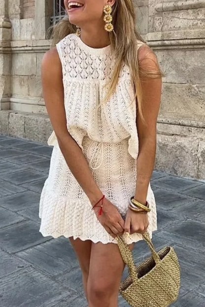 Street Color Hollow Out Weave O Neck Sleeveless Two Pieces