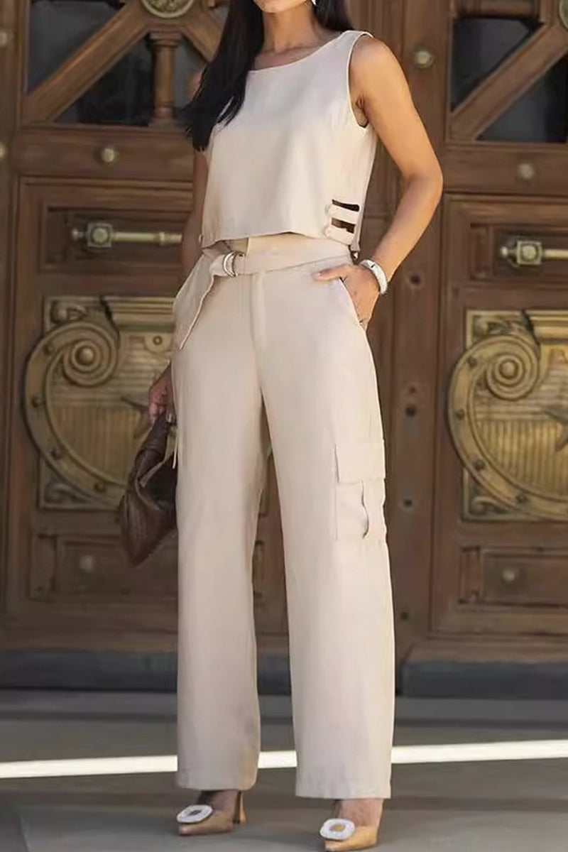 Street Color Pocket Buttons O Neck Sleeveless Two Pieces