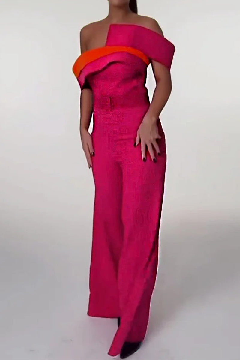 Colorblock Patchwork With Belt Irregular Contrast Strapless Regular Jumpsuits
