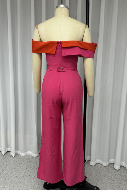 Colorblock Patchwork With Belt Irregular Contrast Strapless Regular Jumpsuits