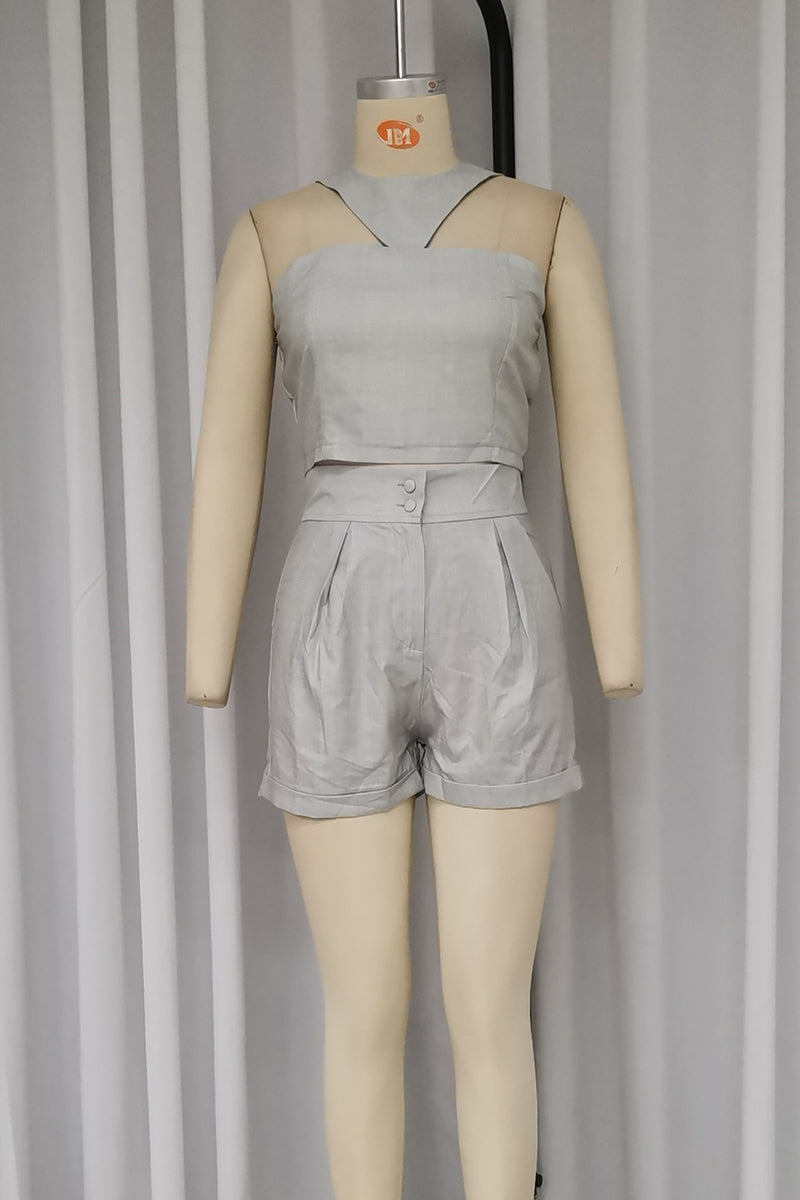 Street Color Pocket Buttons Irregular Zipper Halter Sleeveless Two Pieces