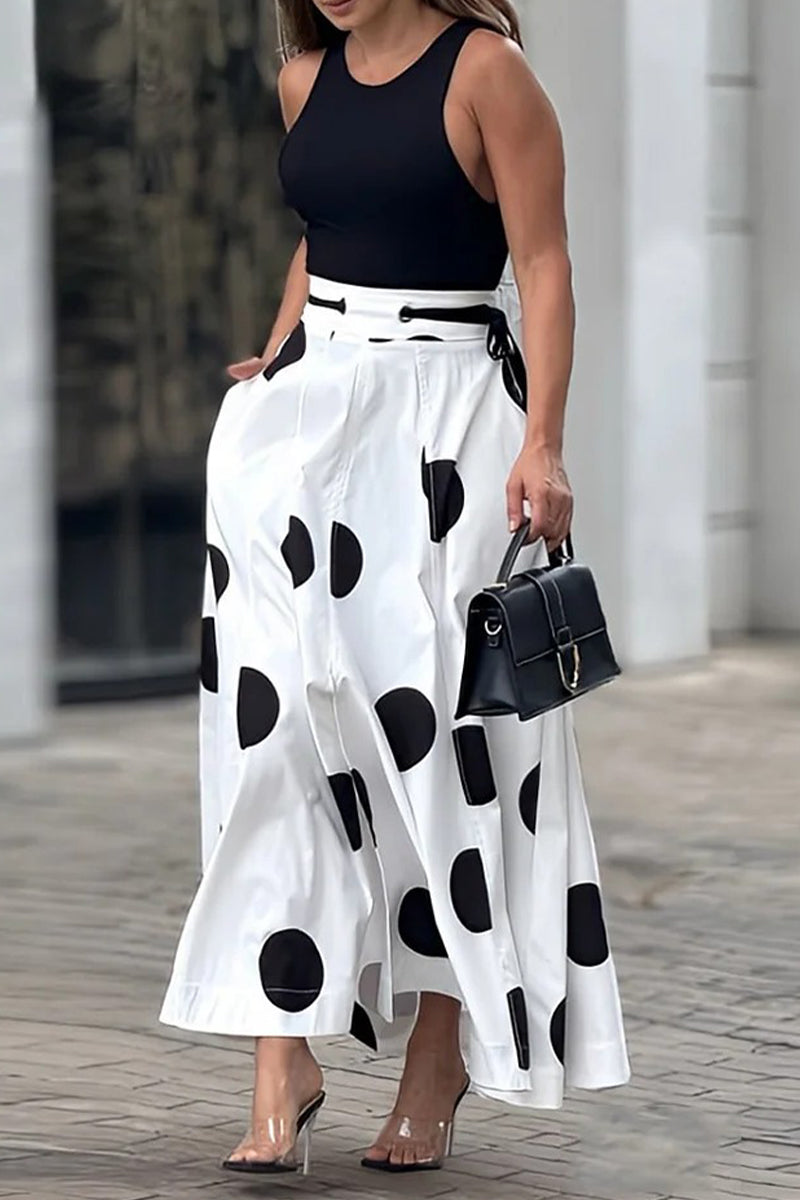 Street Polka Dot Print Lace Up Contrast O Neck Sleeveless Two Pieces