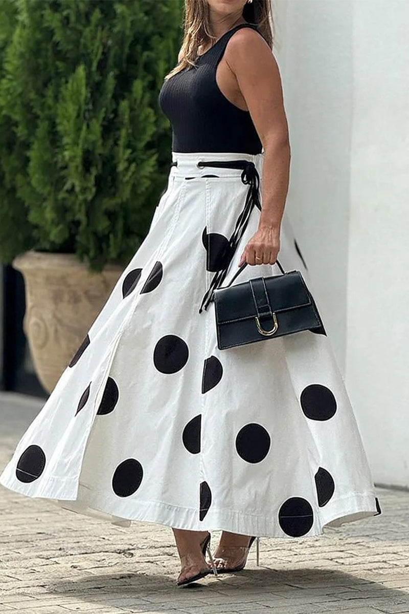 Street Polka Dot Print Lace Up Contrast O Neck Sleeveless Two Pieces