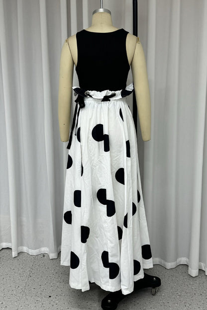Street Polka Dot Print Lace Up Contrast O Neck Sleeveless Two Pieces