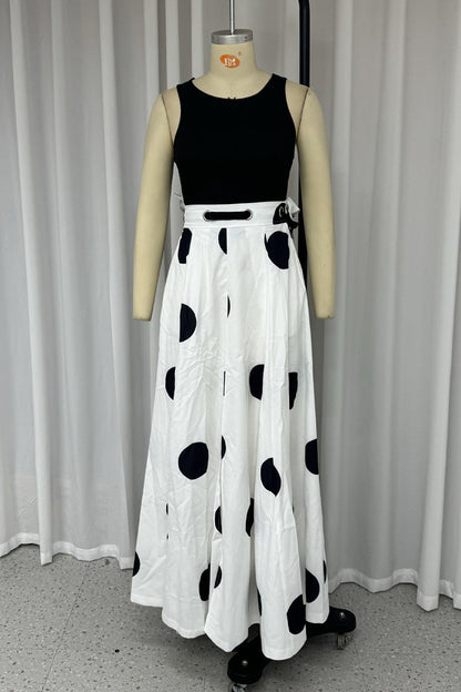 Street Polka Dot Print Lace Up Contrast O Neck Sleeveless Two Pieces