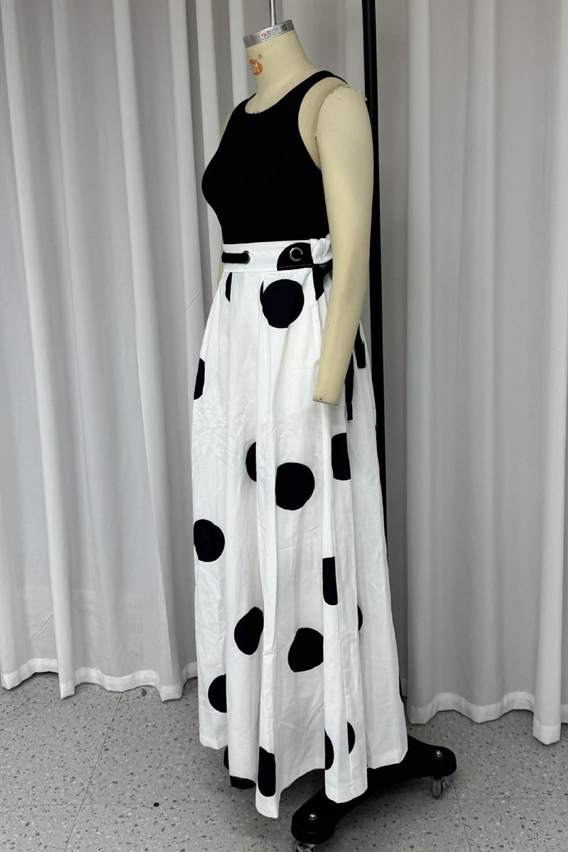 Street Polka Dot Print Lace Up Contrast O Neck Sleeveless Two Pieces