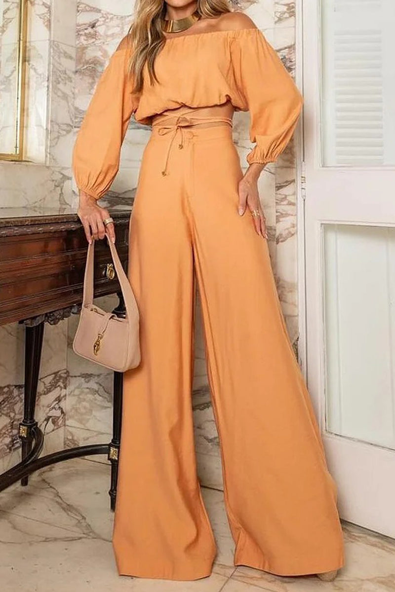 Color Lace Up Off Shoulder Long Sleeve Two Pieces