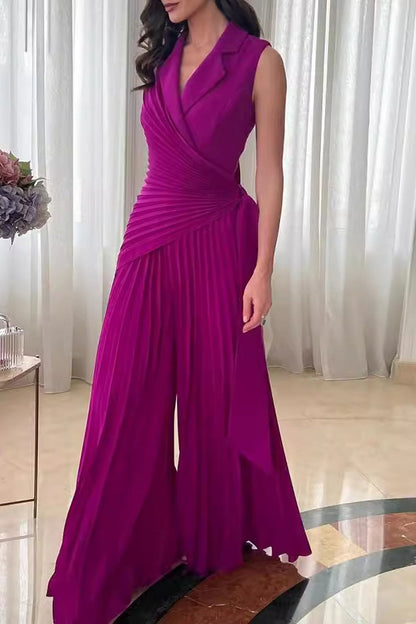 Color Lace Up Ruched Pleated Turn-back Collar Regular Jumpsuits