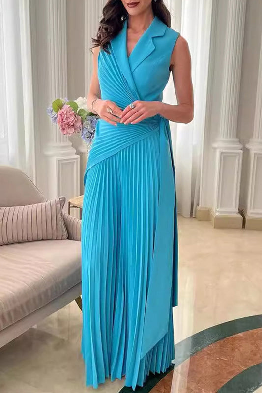 Color Lace Up Ruched Pleated Turn-back Collar Regular Jumpsuits