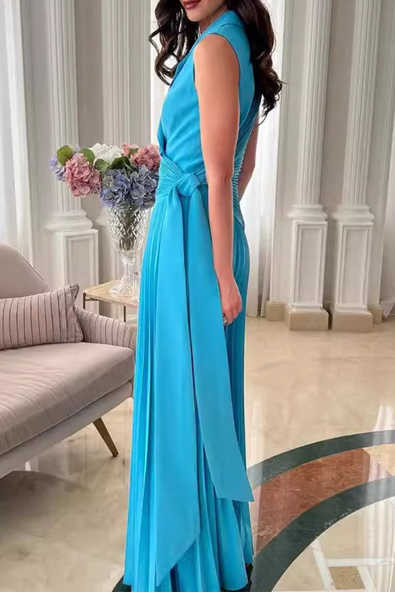 Color Lace Up Ruched Pleated Turn-back Collar Regular Jumpsuits