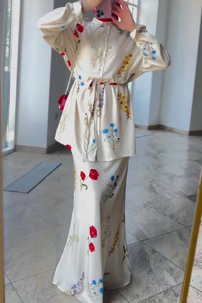 Flowers Print Lace Up Turndown Collar Long Sleeve Two Pieces