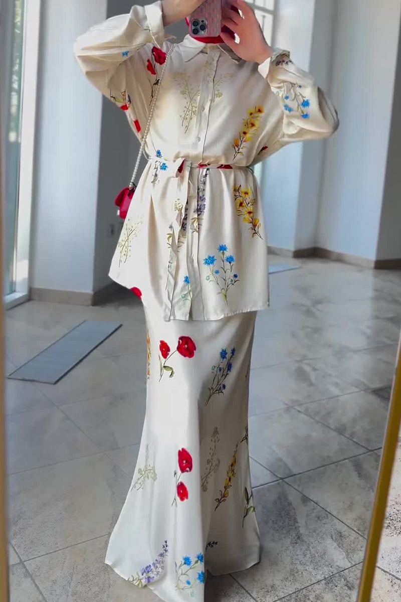 Flowers Print Lace Up Turndown Collar Long Sleeve Two Pieces