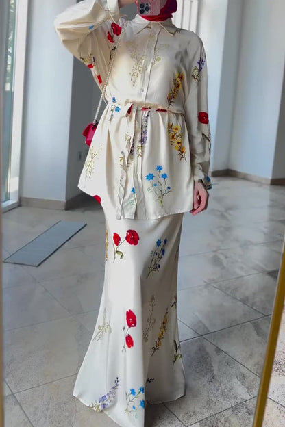 Flowers Print Lace Up Turndown Collar Long Sleeve Two Pieces