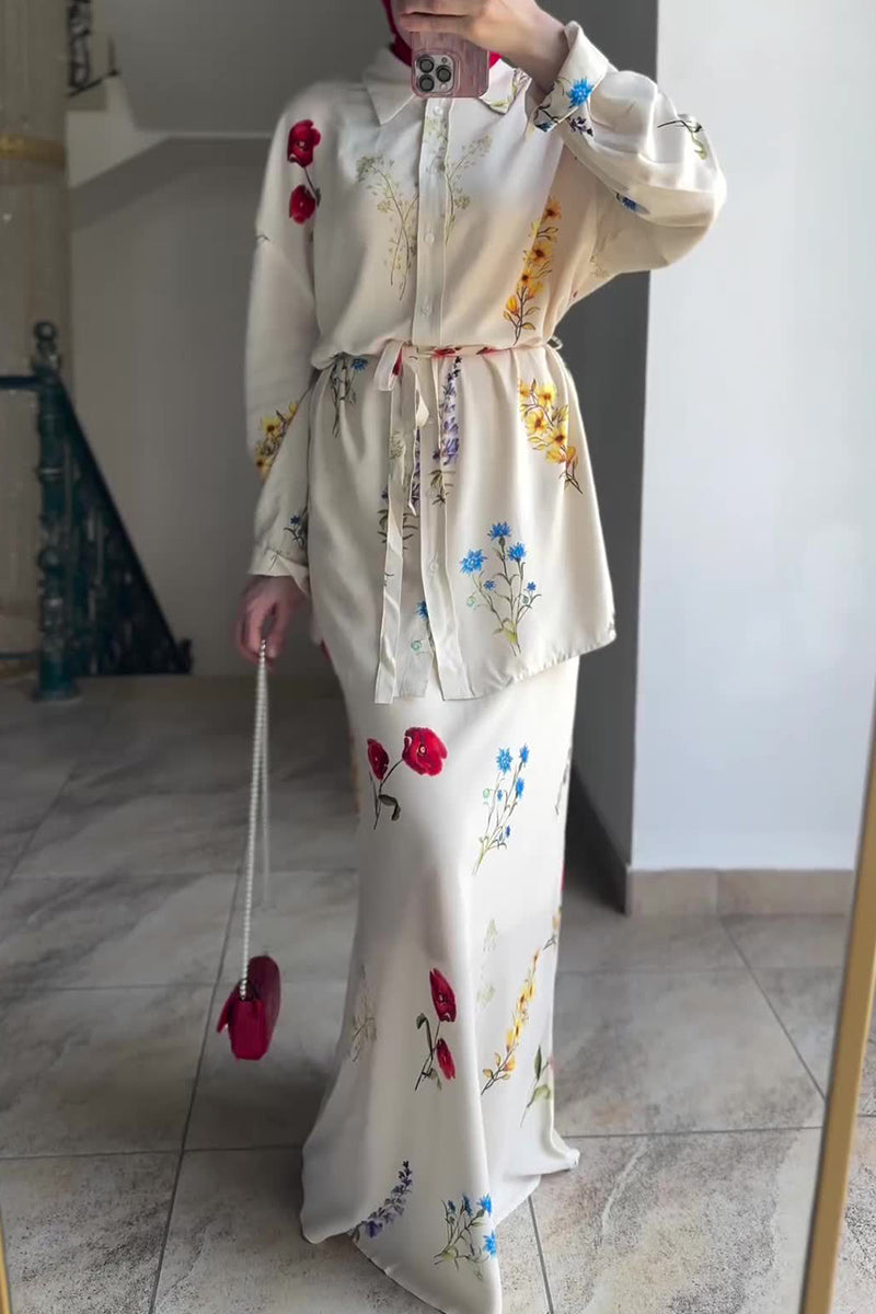 Flowers Print Lace Up Turndown Collar Long Sleeve Two Pieces