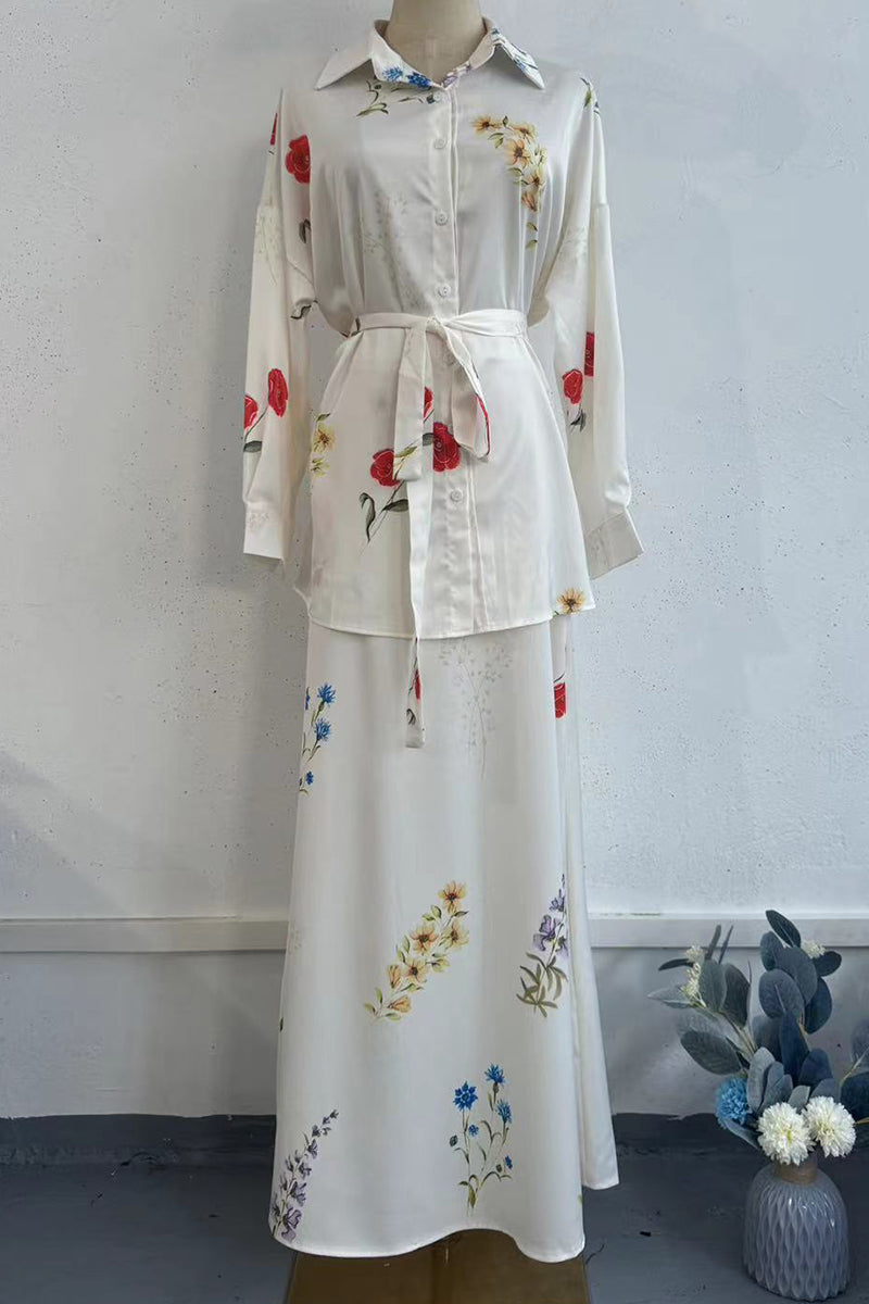 Flowers Print Lace Up Turndown Collar Long Sleeve Two Pieces