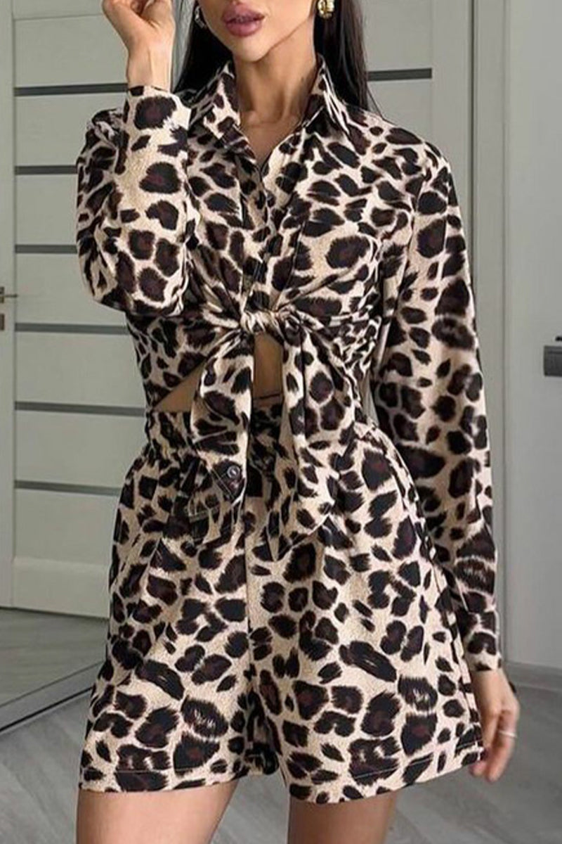 Street Leopard Print Pocket Knotted Turndown Collar Long Sleeve Two Pieces
