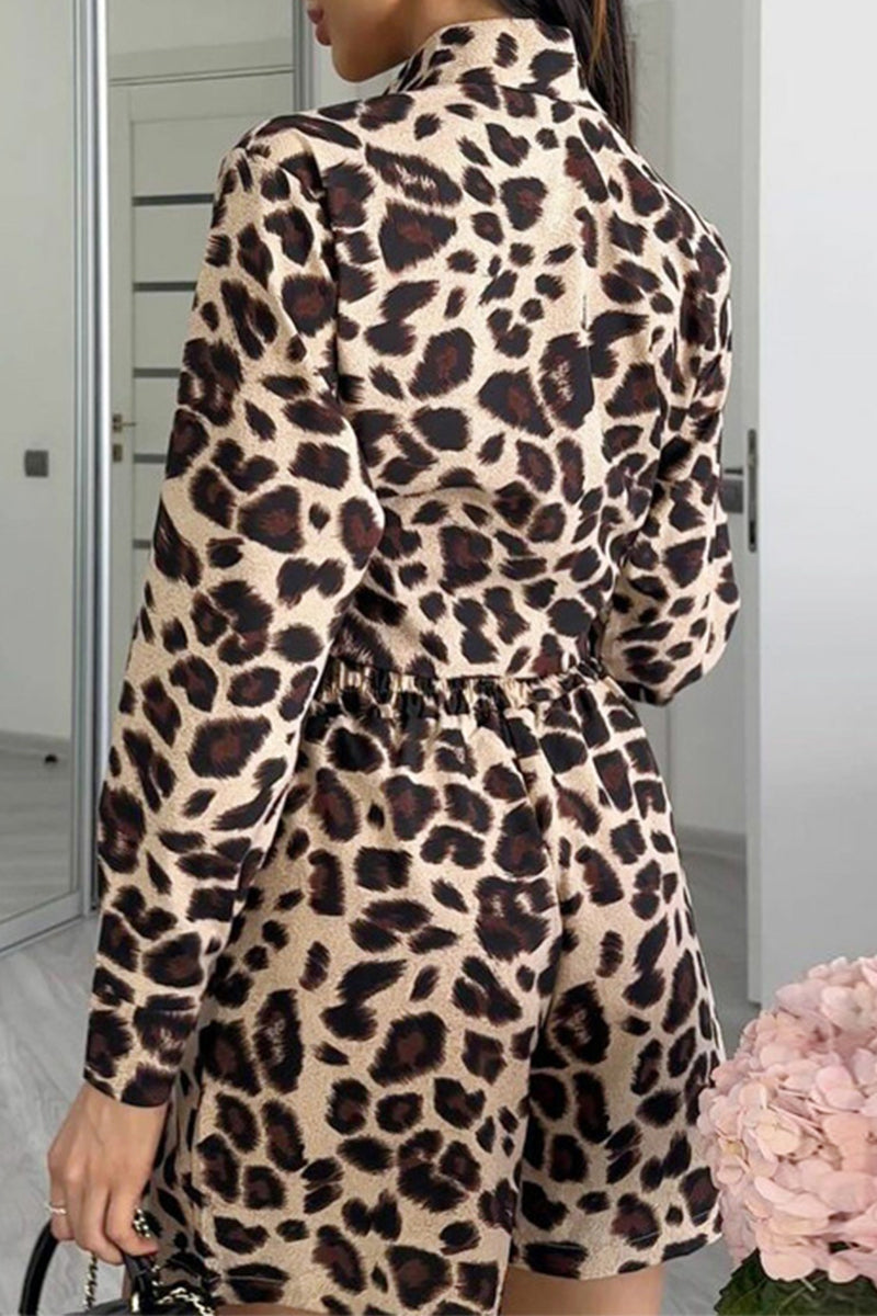 Street Leopard Print Pocket Knotted Turndown Collar Long Sleeve Two Pieces
