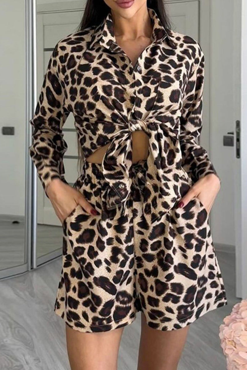 Street Leopard Print Pocket Knotted Turndown Collar Long Sleeve Two Pieces