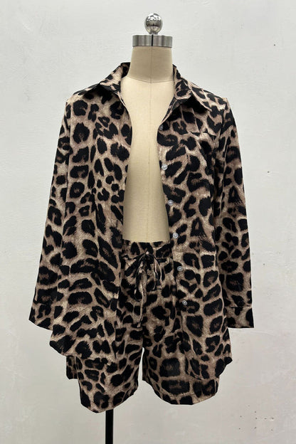 Street Leopard Print Pocket Knotted Turndown Collar Long Sleeve Two Pieces
