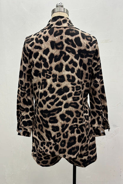 Street Leopard Print Pocket Knotted Turndown Collar Long Sleeve Two Pieces