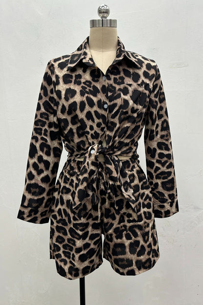 Street Leopard Print Pocket Knotted Turndown Collar Long Sleeve Two Pieces
