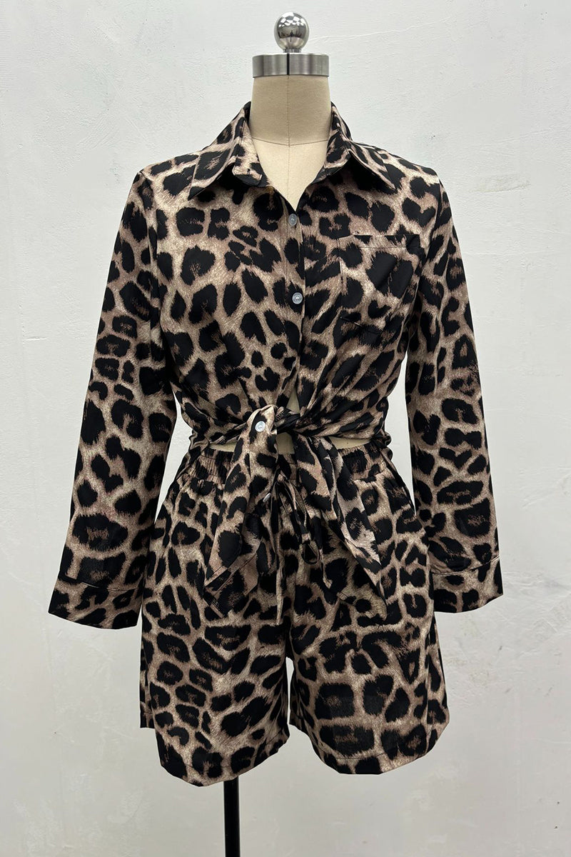 Street Leopard Print Pocket Knotted Turndown Collar Long Sleeve Two Pieces