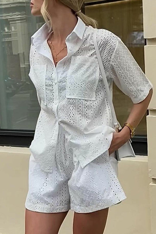 Daily Color Lace Pocket Turndown Collar Short Sleeve Two Pieces