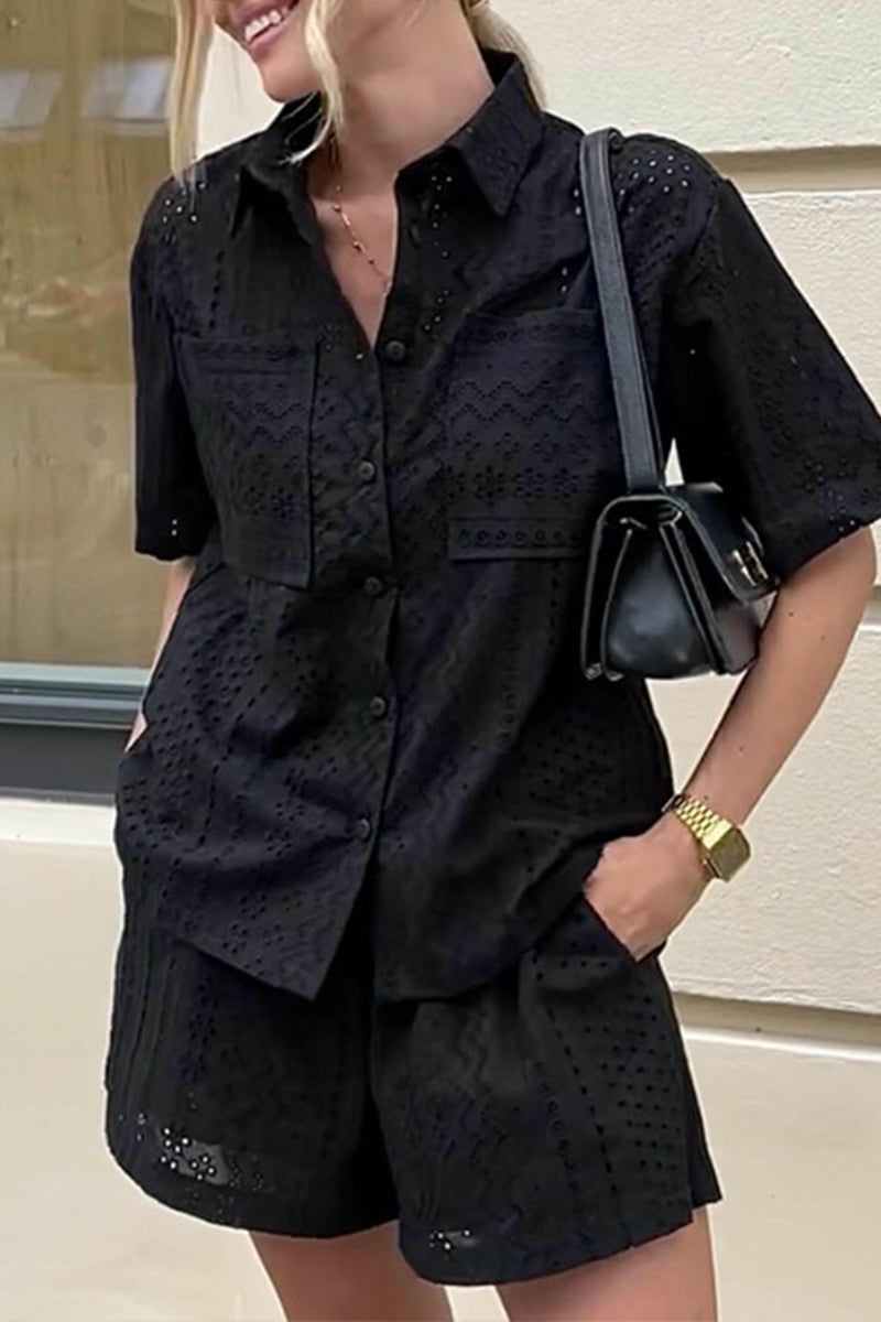Daily Color Lace Pocket Turndown Collar Short Sleeve Two Pieces
