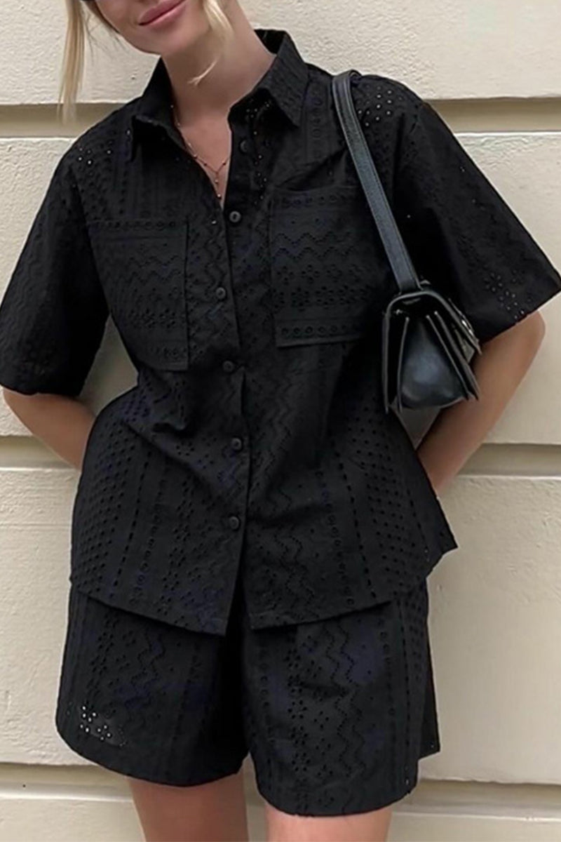 Daily Color Lace Pocket Turndown Collar Short Sleeve Two Pieces
