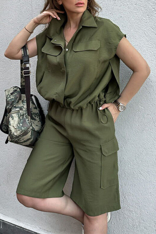 Street Color Draw String Pocket Buttons Turndown Collar Short Sleeve Two Pieces