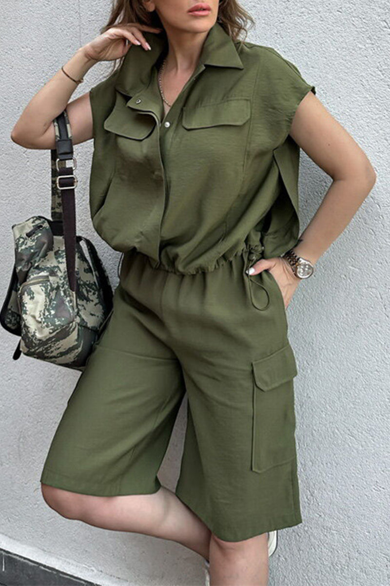 Street Color Draw String Pocket Buttons Turndown Collar Short Sleeve Two Pieces