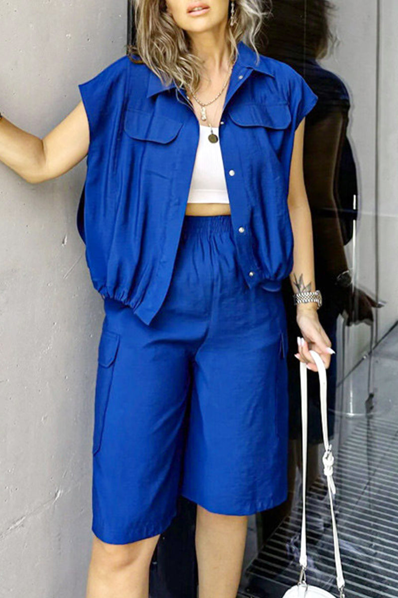 Street Color Draw String Pocket Buttons Turndown Collar Short Sleeve Two Pieces