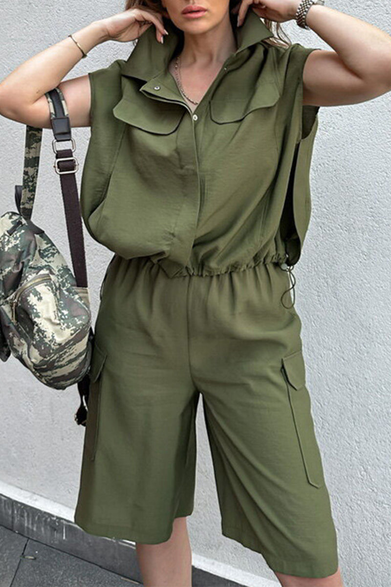 Street Color Draw String Pocket Buttons Turndown Collar Short Sleeve Two Pieces