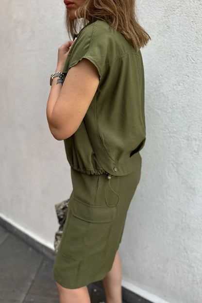 Street Color Draw String Pocket Buttons Turndown Collar Short Sleeve Two Pieces